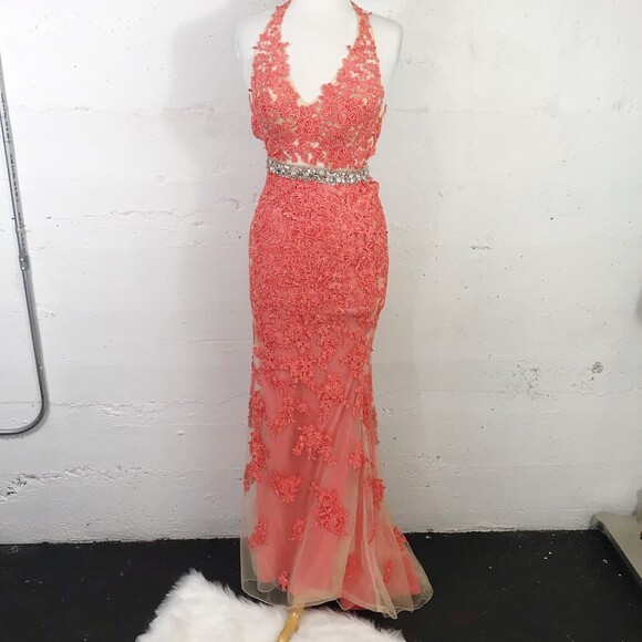 Dresses & Skirts - MoriLee by Madeline Gardner Coral Lace Overlay Fitted Prom Pageant Dress Size: 5